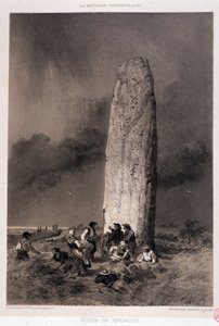 Chłopi wokół menhiru Kergadiou (Finistere) - w „”La Bretagne contemporaine””, il. Felix Benoist, wyd. Charpentier, Paryż autorstwa Felix Benoist