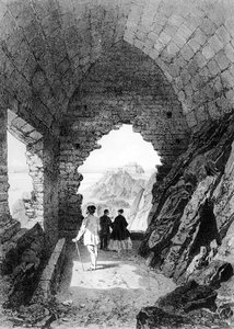 Pustelnia św. Heliera i zamek Elżbiety, Jersey, 1870 (litografia) autorstwa Felix Benoist