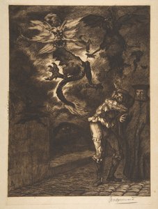 Z dala od mojego słońca, łajdacy! Panurge opuszcza Raminagrobis, 1854-1855. autorstwa Felix Bracquemond