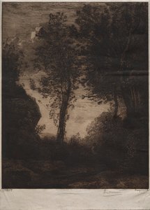 Pejzaż: Zachód słońca, wg Corota, ok. 1930 1858. autorstwa Felix Bracquemond