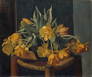 Podwójne żółte tulipany na wiklinowym fotelu, 1923 autorstwa Felix Edouard Vallotton