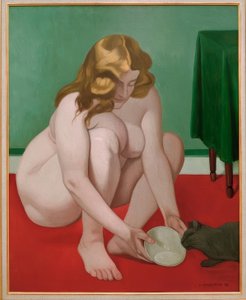 Przykucnięta kobieta oferująca kotu mleko autorstwa Felix Edouard Vallotton