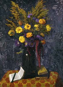 nagietek francuski, fioletowe stokrotki i złote snopy; Nagietki, fioletowe stokrotki i złote Gerbs, 1925 autorstwa Felix Edouard Vallotton
