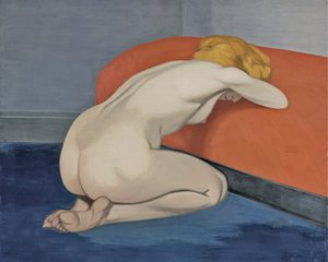 Naga kobieta klęczy przed czerwoną kanapą, 1915