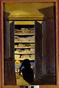 Kobieta szuka w szafie. Obraz Felixa Vallottona (1865-1925) Ec. Kontynuuj., XX wiek. Prywatna kolekcja. autorstwa Felix Edouard Vallotton
