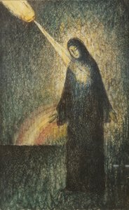 Kobieta oświetlona tęczą (tusz i w/c na kalce kreślarskiej)