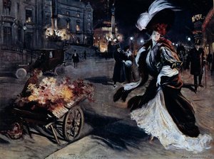 Belle Epoque: Kobieta w czaplach nocnych na paryskiej ulicy. Ilustracja Felixa Fournery