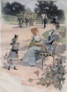 Spacer dzieci do ogrodu aklimatyzacyjnego w Paryżu w 1892 r. Grawerowanie akwareli odlewniczej.