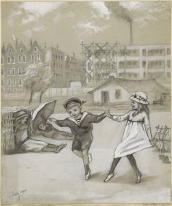 Tańczący chłopiec i dziewczynka w miejskim parku lub na placu zabaw autorstwa Felix Hess (signed by artist)