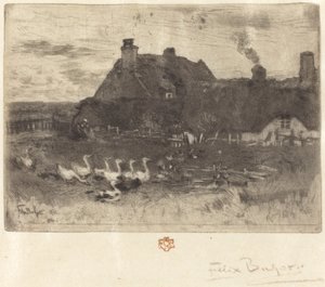 Les Petites Chaumières (domki kryte strzechą – mały talerz) autorstwa Felix Hilaire Buhot
