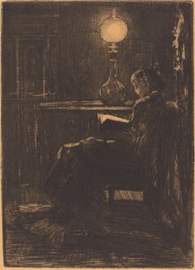Czytnik lampy (kobieta czytająca przy świetle lampy) autorstwa Felix Hilaire Buhot