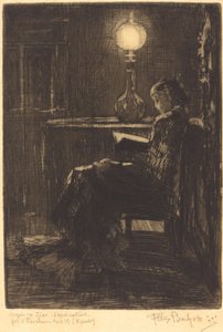 Kobieta czytająca przy świetle lampy, 1879. autorstwa Felix Hilaire Buhot