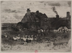 Małe domki kryte strzechą, 1878 r. autorstwa Felix Hilaire Buhot