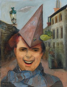 Autoportret z papierowym kapeluszem i niebieskim szalikiem, ok. 1936 (olej na sklejce) autorstwa Felix Nussbaum