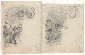 Szef kuchni podrzuca naleśniki i grupa czterech mężczyzn [verso] autorstwa Felix Octavius Carr Darley