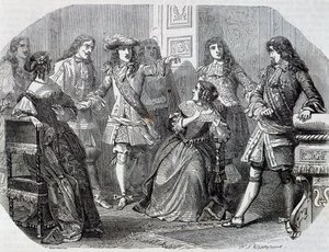 Aresztowanie nadinspektora finansów Nicolasa Fouqueta, rycina Henri Felixa Emmanuela Philippoteaux (1815-1884) z wicehrabiego Bragelonne, autorstwa Alexandre Dumasa (1802-1870)