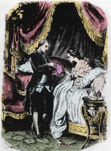Alkohol królowej inspiruje opakowanie naszyjnika. Rysunek Felixa Philippoteaux (1815-1884) do „Naszyjnika królowej” Aleksandra Dumasa. autorstwa Felix Philippoteaux