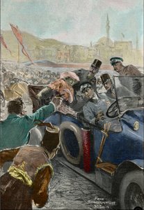 Zabójstwo Franciszka Ferdynanda (1863-1914) arcyksięcia Austrii i jego żony Zofii w Sarajewie (rycina)