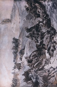 Z frontu wschodniego: artyleria w drodze pod ostrzałem wroga, ilustracja z Hindenburga wydana przez Daterlandischer Derlag C U Weller Berlin autorstwa Felix Schwormstadt