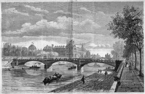Architektura: widok na most Solferino w Paryżu. Zbudowany przez inżyniera Paula Martina Gallochera de Lagalisserie (1805-1871) i oddany do użytku w 1861 r., został rozebrany w 1960 r. i zastąpiony mostem Senghor (most Solferino). Grawerowanie autorstwa Fel