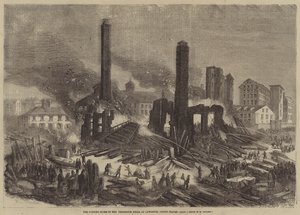 Płonące ruiny Pemberton Mills, w Lawrence, Stany Zjednoczone