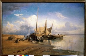 Widok na Wołgę, Łodzie (Widok Wołgi, Łodzie) - Obraz Fiodora Aleksandrowicza Wasiljewa (Fiodor Aleksandrowicz, Fiodor Aleksandrowicz Wasiliew) (1850-1873), olej na płótnie