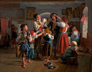 Pożegnanie poborowego - obraz Ferdinanda Georga Waldmuellera (1793-1865), olej na drewnie (59x74 cm) autorstwa Ferdinand Georg Waldmuller