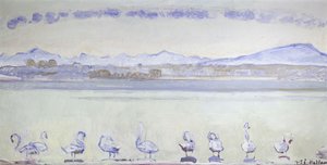 Dziewięć łabędzi przed górzystym krajobrazem; Port w Genewie z dziewięcioma łabędziami, z Quai du Mont Blanc, 1915 autorstwa Ferdinand Hodler