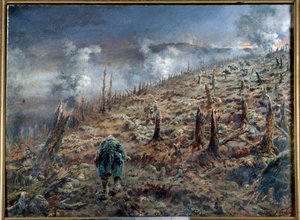 I wojna światowa (1914-1918): „Wąwóz śmierci w Verdun” Krajobraz ruin i popiołów po bitwie. Obraz Ferdinanda Josepha Gueldry