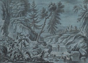 Krajobraz południowy z wodospadem i kozami, koniec XVIII wieku. autorstwa Ferdinand Kobell.
