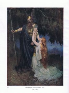 Brunhilda uklękła u jego stóp, ilustracja z pubu The Stories of Wagner