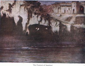 Pogrzeb Zygfryda, ilustracja z pubu The Stories of Wagners Operas. przez George Harrap & Co Ltd 1932 autorstwa Ferdinand Lecke