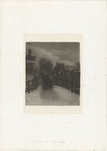 Stara kobieta z dzieckiem na moście Zimowy Wieczór (tytuł na obiekcie) autorstwa Ferdinand Oldewelt (signed by artist)