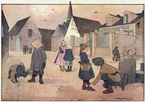 Poza szkołą, w Obrazkowej książeczce z dzieciństwa, ok. 1900 r. (rycina) autorstwa Ferdinand Raffin