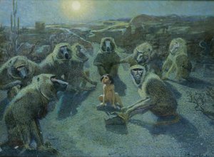 Mowgli schwytany przez małpy (olej i tusz na płótnie) autorstwa Ferdinand Schebek