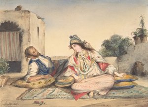 Mauretańska para na tarasie, 1832 (wc nad grafitem na tkanym papierze) autorstwa Ferdinand Victor Eugene Delacroix