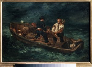 „After a Shipwreck” (zwany także „Opuszczonymi wrakami w kajaku”) Ocalali z wraku statku na tratwie. Obraz Eugene Delacroix (1798-1863) 1847 Muzeum Sztuk Pięknych im. Puszkina, Moskwa autorstwa Ferdinand Victor Eugene Delacroix
