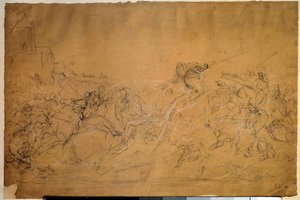 Scena bitewna Rysunek na papierze łososiowym Eugene Delacroix (1798-1863) XIX-wieczne słońce. 0,30 x 0,45 m. Paryż, Luwr autorstwa Ferdinand Victor Eugene Delacroix