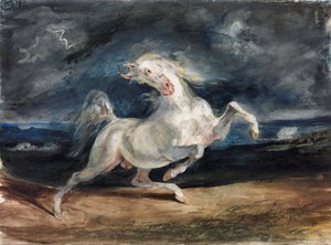 Cheval effraye par la foudre - Koń przestraszony piorunem - Delacroix, Eugene (1798-1863) - 1825-1829 - Akwarela, gwasz na papierze - 23,6x32 - Muzeum Szepmuveszeti, Budapeszt autorstwa Ferdinand Victor Eugene Delacroix