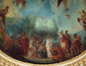 Zejście do Limbes: grupa znamienitych: od lewej do prawej, Demosten (siedzący), Ksenofont, Platon i Sokrates, Aspazja (biała), Apelle, Aleksander Wielki, siedzący Arystoteles i Achilles. Obraz Eugene Delacroix (1798-1863) zdobiący kopułę autorstwa Ferdinand Victor Eugene Delacroix