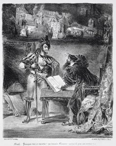 Pierwsze spotkanie Fausta z Mefistofelesem: „Po co cały ten hałas”, z Fausta Goethego, 1828, (ilustracja) (bw fotografia litografii) autorstwa Ferdinand Victor Eugene Delacroix