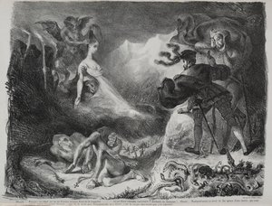 Ilustracje do Fausta: Faustowi pojawia się cień Małgorzaty, 1828 r. autorstwa Ferdinand Victor Eugene Delacroix