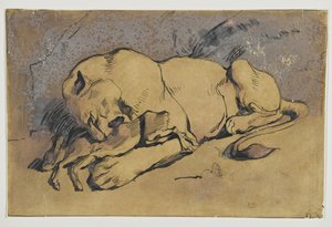 Lwica pożerająca Królika (pióro i atrament z czerwonawym rozmyciem na brązowym papierze) autorstwa Ferdinand Victor Eugene Delacroix