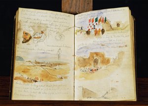 Szkice Arabów, krajobrazy Maroka, arabskie tłumy, brama Meknes i odręczne notatki ... autorstwa Ferdinand Victor Eugene Delacroix