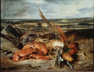 Martwa natura z homarem i trofeami myśliwskimi i wędkarskimi - olej na płótnie autorstwa Ferdinand Victor Eugene Delacroix
