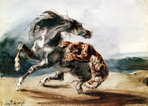 Tygrys atakuje dzikiego konia (pióro i atrament oraz akwarela na papierze) autorstwa Ferdinand Victor Eugene Delacroix
