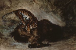 Tygrys atakuje konia (wc na papierze) autorstwa Ferdinand Victor Eugene Delacroix