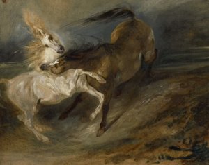 Dwa konie walczące w burzliwym krajobrazie, ok. 1828 autorstwa Ferdinand Victor Eugene Delacroix