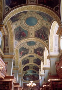 Widok kasetonowego stropu Biblioteki z pozłacanymi stiukowymi ramami otaczającymi spandrele ilustrujące sceny biblijne i klasyczne, 1844 r. autorstwa Ferdinand Victor Eugene Delacroix