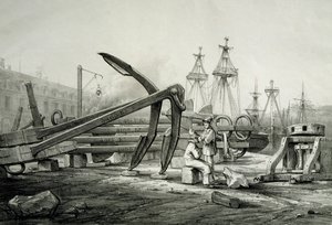 Kotwice w stoczni marynarki wojennej, autorstwa Ferdinanda Perrota, litografia autorstwa Ferdinand Victor Perrot